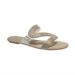 THALIA SODI Gold Rhinestone Asymmetrical Bianca Slip On Sandals Size 10 NWB